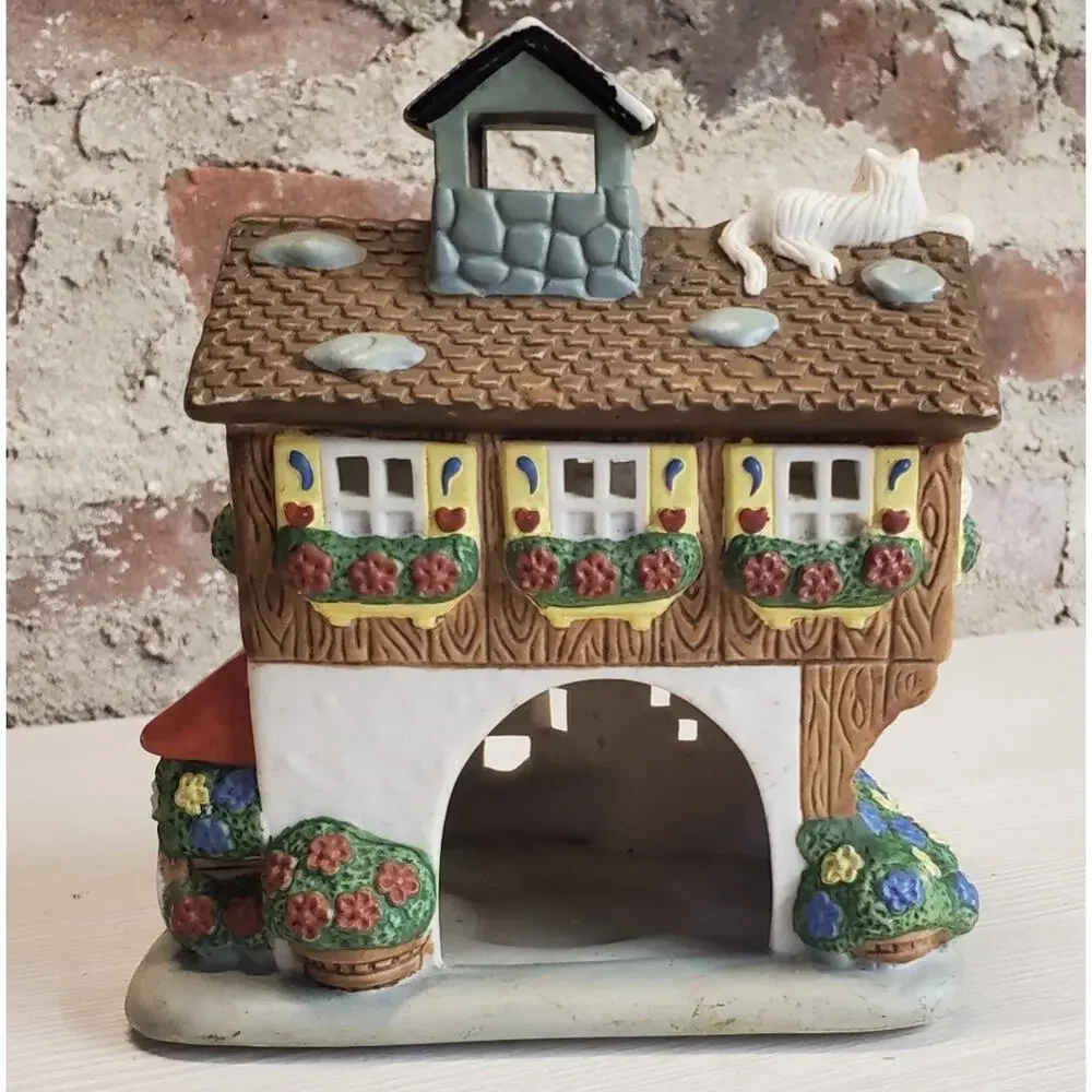 International Craft Flower Shop Village House Figurine Tea Light Candle Holder